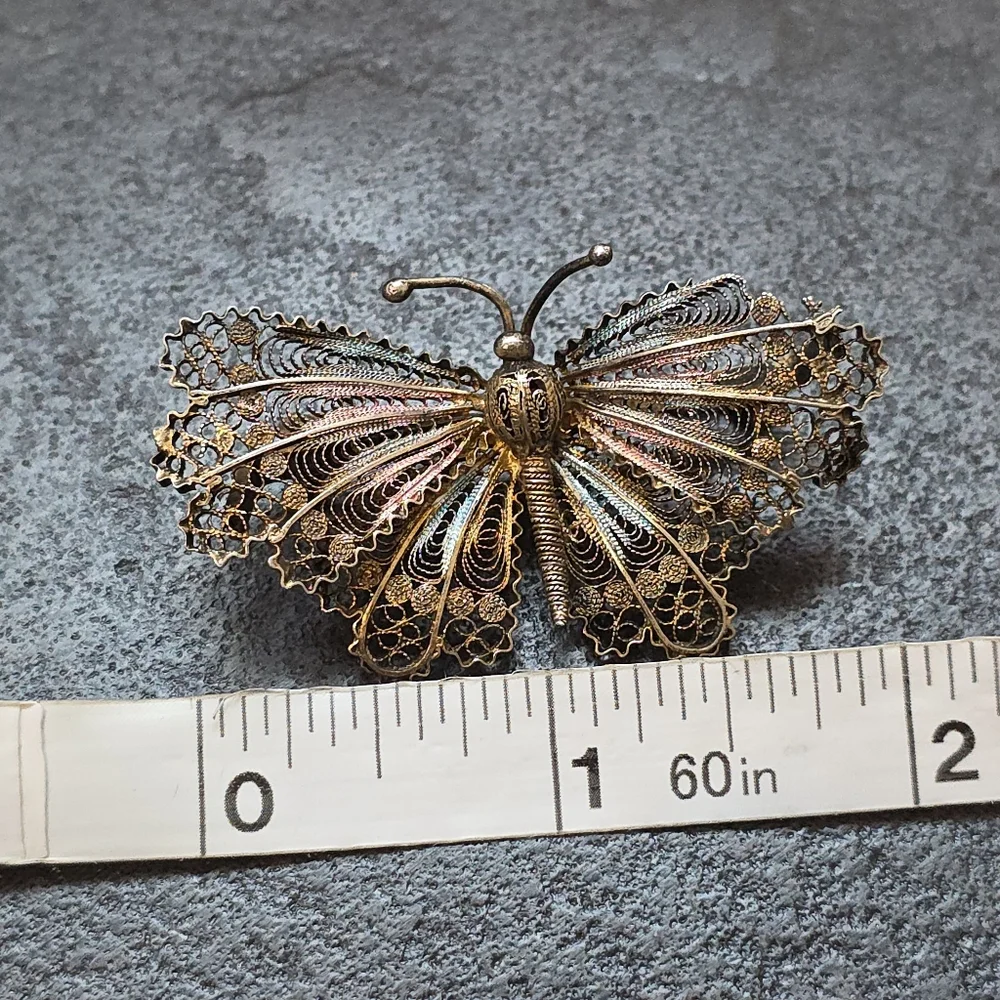 Vintage Italian 800 Silver Filigree Butterfly Brooch with a gold wash (vermeil)